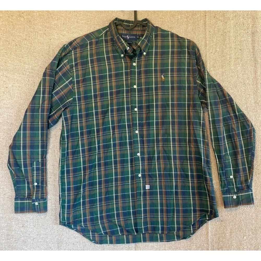 Mens Sz XL RALPH LAUREN Plaid Shirt Green Blue 100% Cotton Long Sleeve Brown Pon